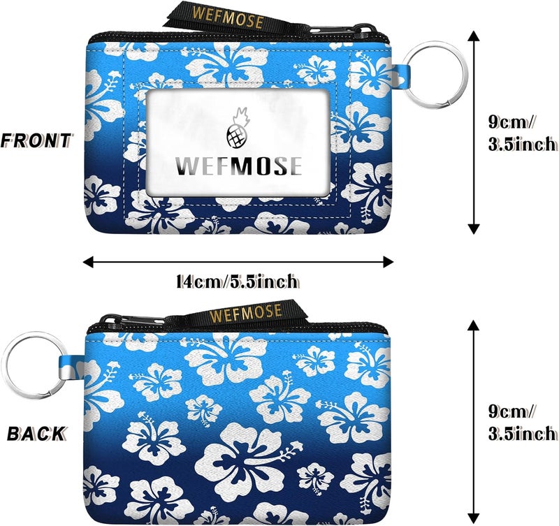 WEFMOSE Small Wallet Keychain with Clear ID Window Zipper Cute ID Case Coin Purse for Women Water Resistant Coin Pouch-Hawaiian Floral-Blue Keychain Wallet - Image 3